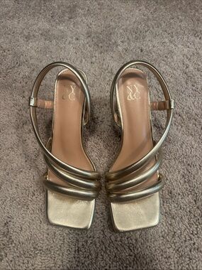 New York & Company Gold Triple-Strap Block Heel Sandals